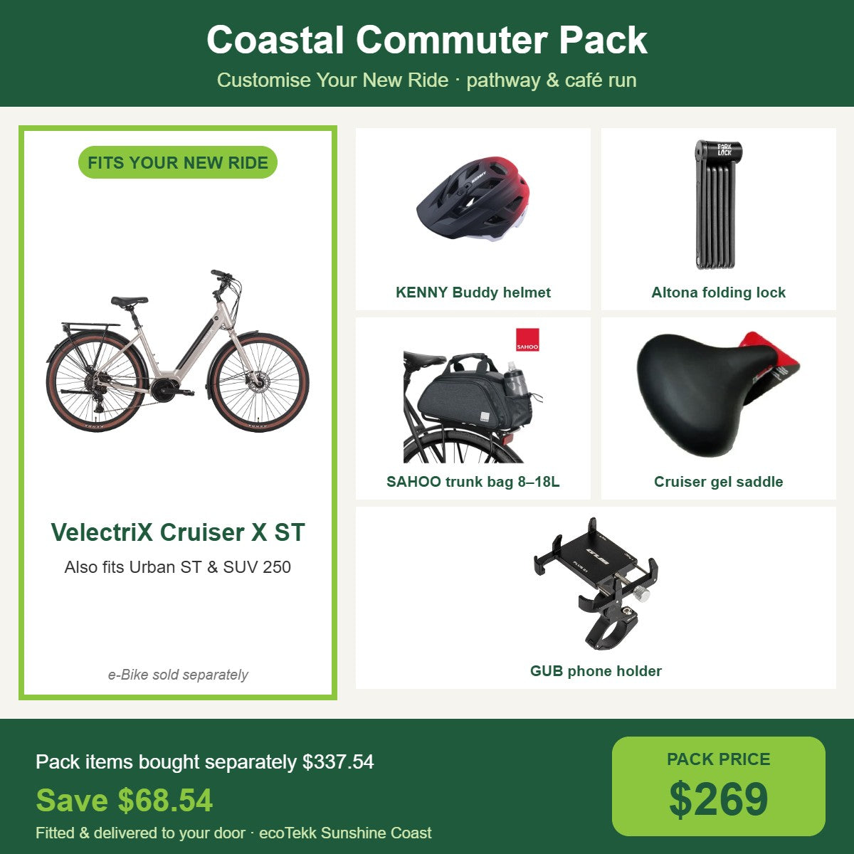 Coastal Commuter Pack for the VelectriX Cruiser X ST, Urban ST and SUV 250: helmet, folding lock, trunk bag, gel saddle and phone holder