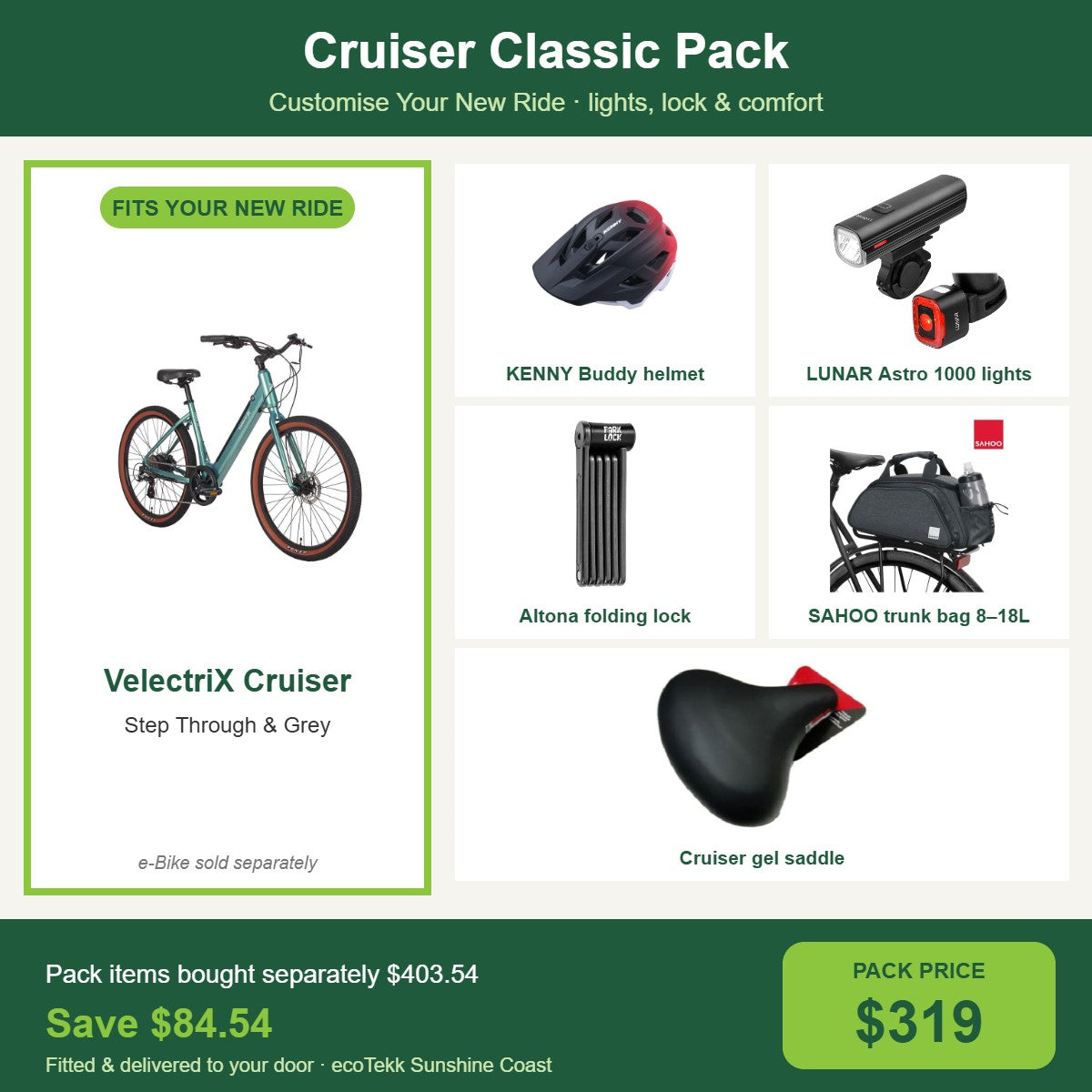 Cruiser Classic Pack for the VelectriX Cruiser: helmet, LUNAR lights, folding lock, trunk bag and gel saddle