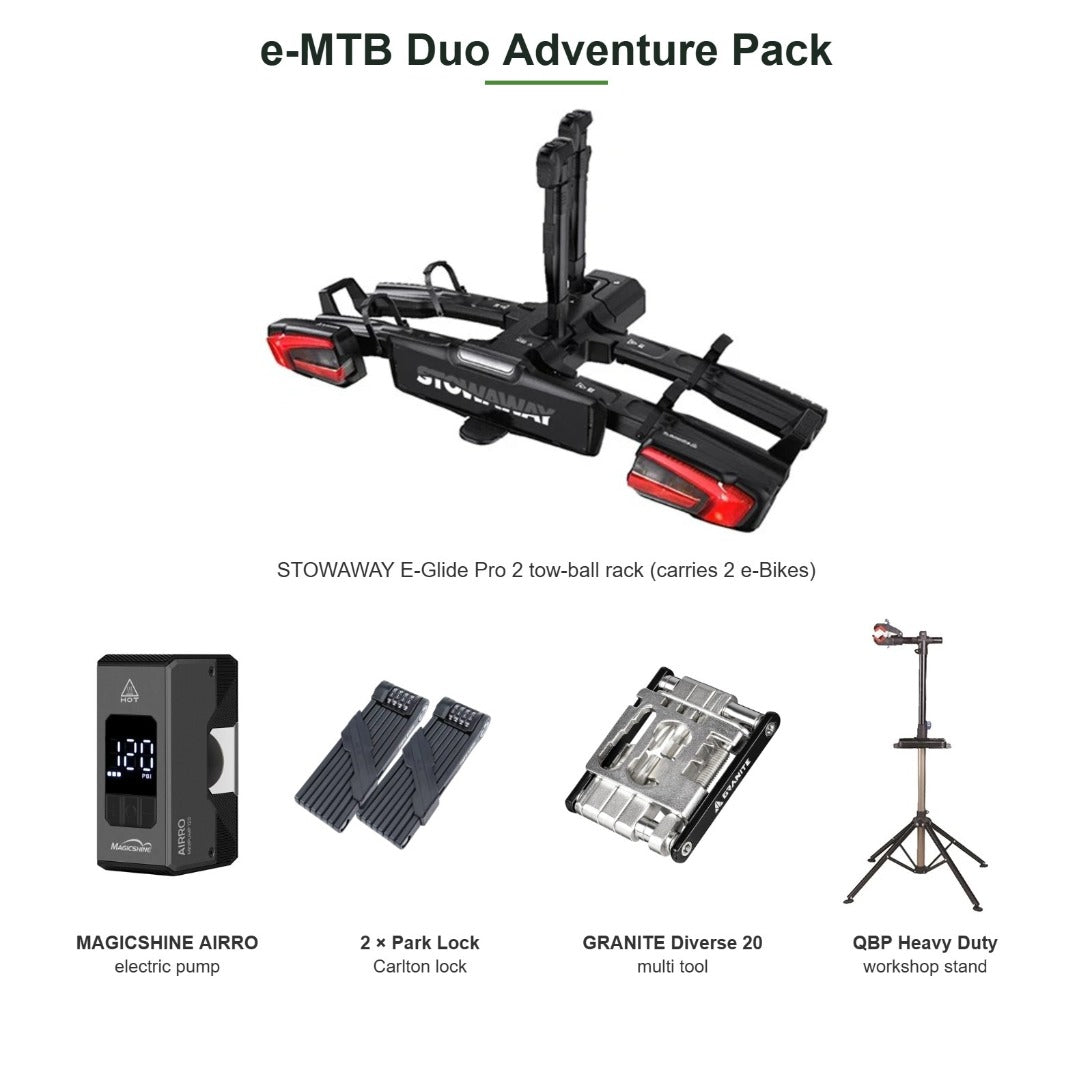e-MTB Duo Adventure Pack – STOWAWAY Rack, Electric Pump, 2 Locks, Multi Tool & Workshop Stand