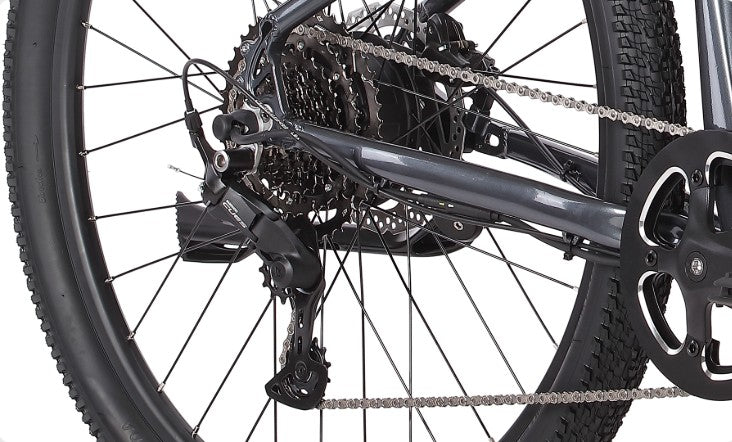 Shimano Cues 9-speed gearing, you’ll enjoy smooth, reliable shifts on this electric mountain bike, no matter how rugged the terrain gets. (Shift sensor included.)