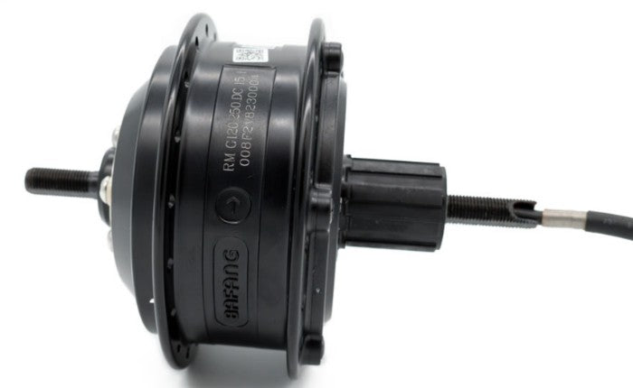 Close‑up view of a Befang 250W direct‑drive rear hub drive, cadence sensor, mounted in a bike wheel, showing the smooth metallic hub body and electrical cable exiting the axle.