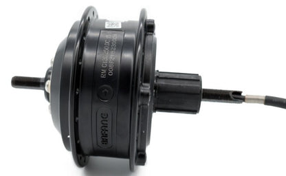 Close‑up view of a Befang 250W direct‑drive rear hub drive, cadence sensor, mounted in a bike wheel, showing the smooth metallic hub body and electrical cable exiting the axle.