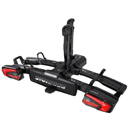 STOWAWAY E-Glide Pro 2 tow ball rack carrying two e-Bikes – part of the e-MTB Duo Adventure Pack