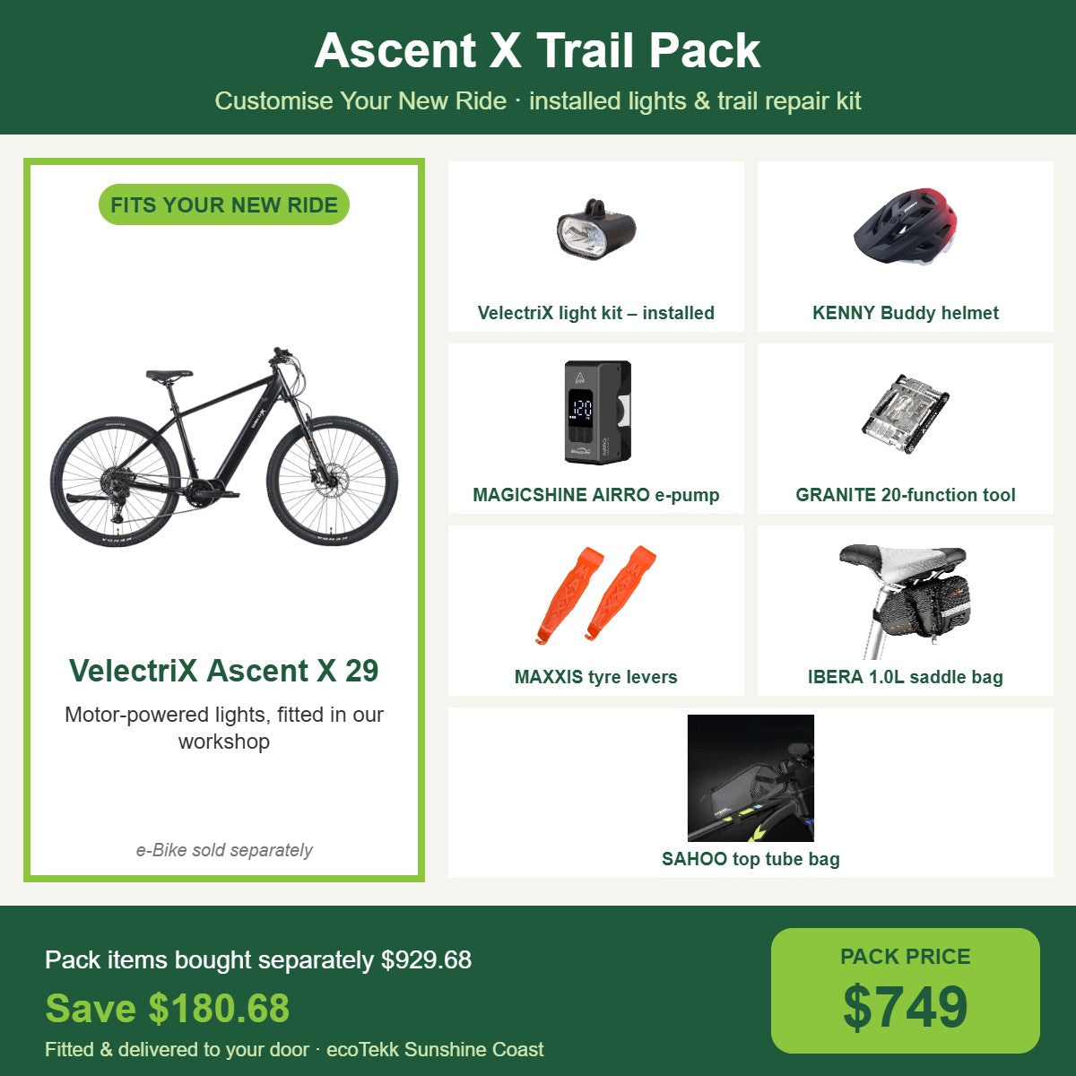 Ascent X Trail Pack: installed VelectriX light kit, KENNY helmet, MAGICSHINE AIRRO e-pump, GRANITE multi tool, MAXXIS tyre levers, IBERA saddle bag and SAHOO top tube bag for the VelectriX Ascent X 29