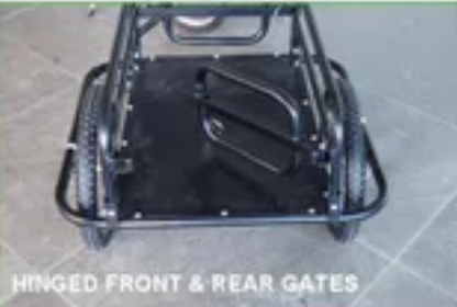 Black metal cart with hinged front and rear gates on a tiled floor.