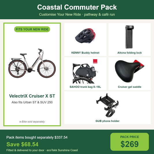 Coastal Commuter Pack for the VelectriX Cruiser X ST, Urban ST and SUV 250: helmet, folding lock, trunk bag, gel saddle and phone holder