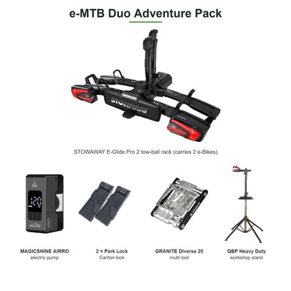 e-MTB Duo Adventure Pack – STOWAWAY Rack, Electric Pump, 2 Locks, Multi Tool & Workshop Stand