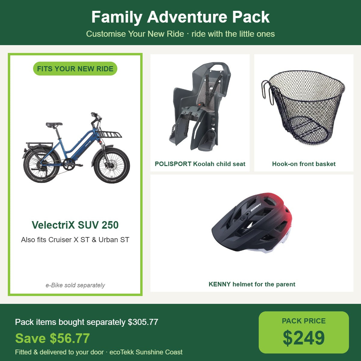 Family Adventure Pack for the VelectriX SUV 250: Koolah child seat, front basket and parent helmet