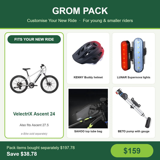 Grom Pack for the VelectriX Ascent 24 – KENNY helmet, LUNAR Supernova lights, SAHOO top tube bag and BETO pump (e-Bike sold separately)
