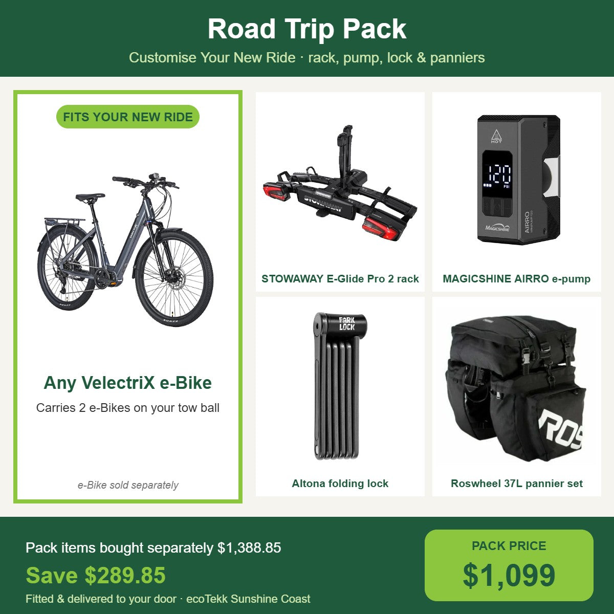 Road Trip Pack: STOWAWAY E-Glide Pro 2 tow ball rack, MAGICSHINE AIRRO electric pump, Altona folding lock and Roswheel 37L pannier set