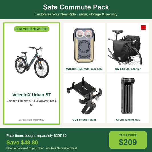 Safe Commute Pack for the VelectriX Urban ST: radar rear light, 20L pannier, phone holder and folding lock