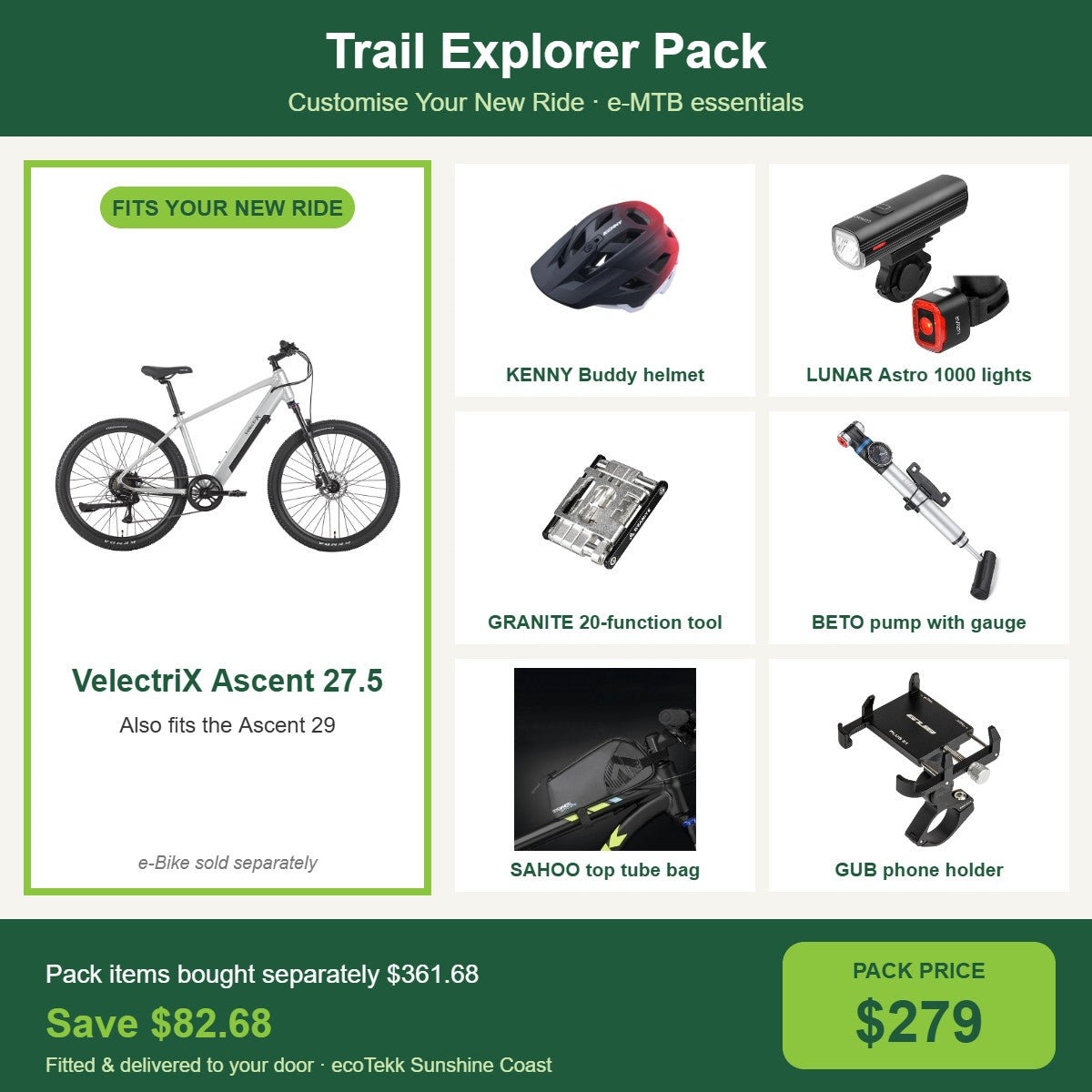 Trail Explorer Pack for the VelectriX Ascent 27.5 and Ascent 29: KENNY helmet, LUNAR Astro 1000 lights, GRANITE multi tool, BETO pump, SAHOO top tube bag and GUB phone holder